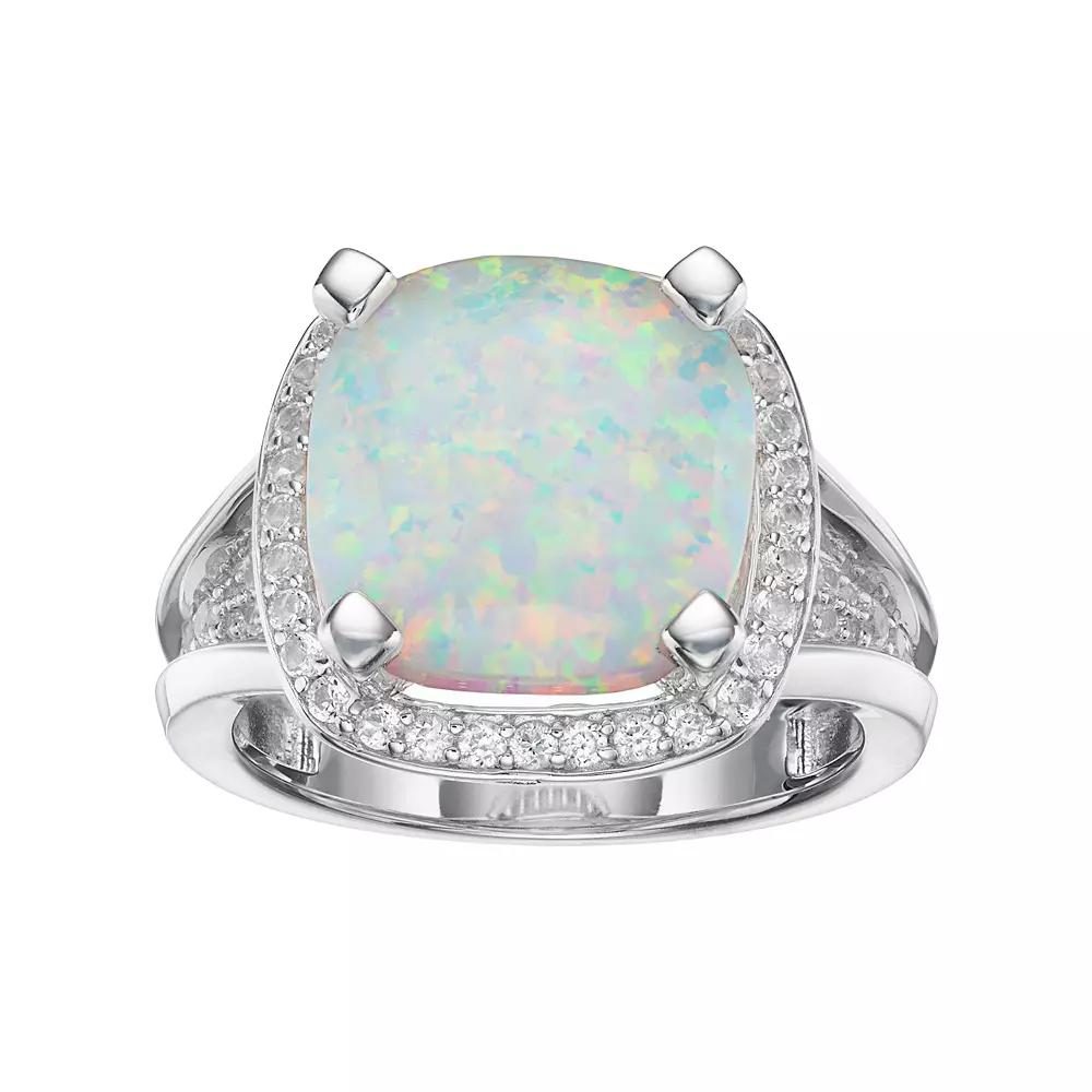 Sterling Silver Lab-Created White Opal & White Sapphire Halo Ring, Women's, Size: 6 Product Image