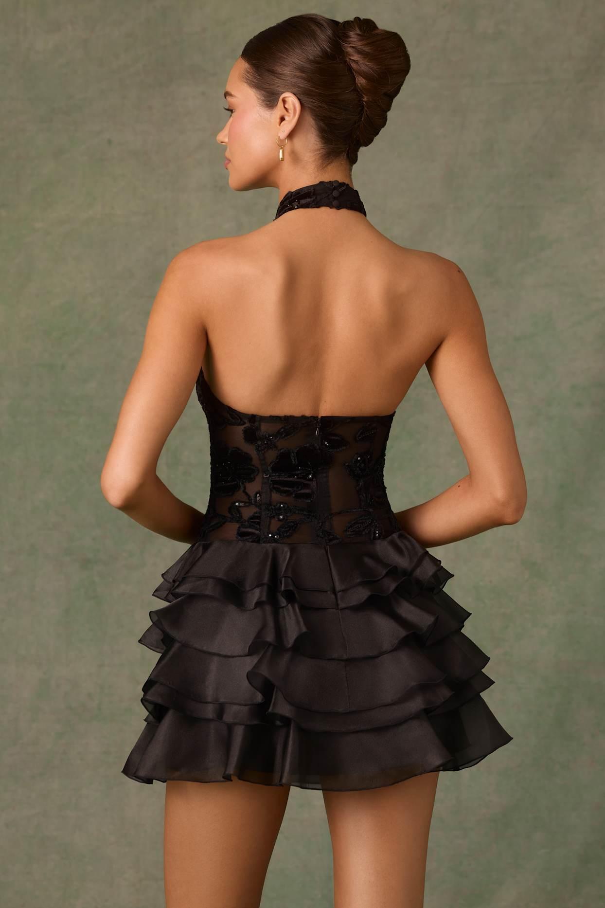 Embellished Ruffled Halterneck Mini Dress in Black Product Image