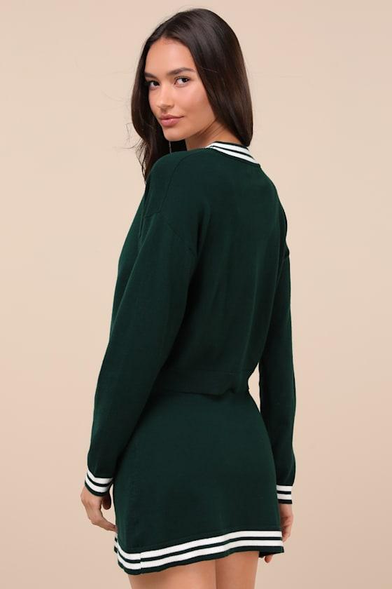 Charming Duo Dark Green Two-Piece Sweater Dress & Cardigan Set Product Image