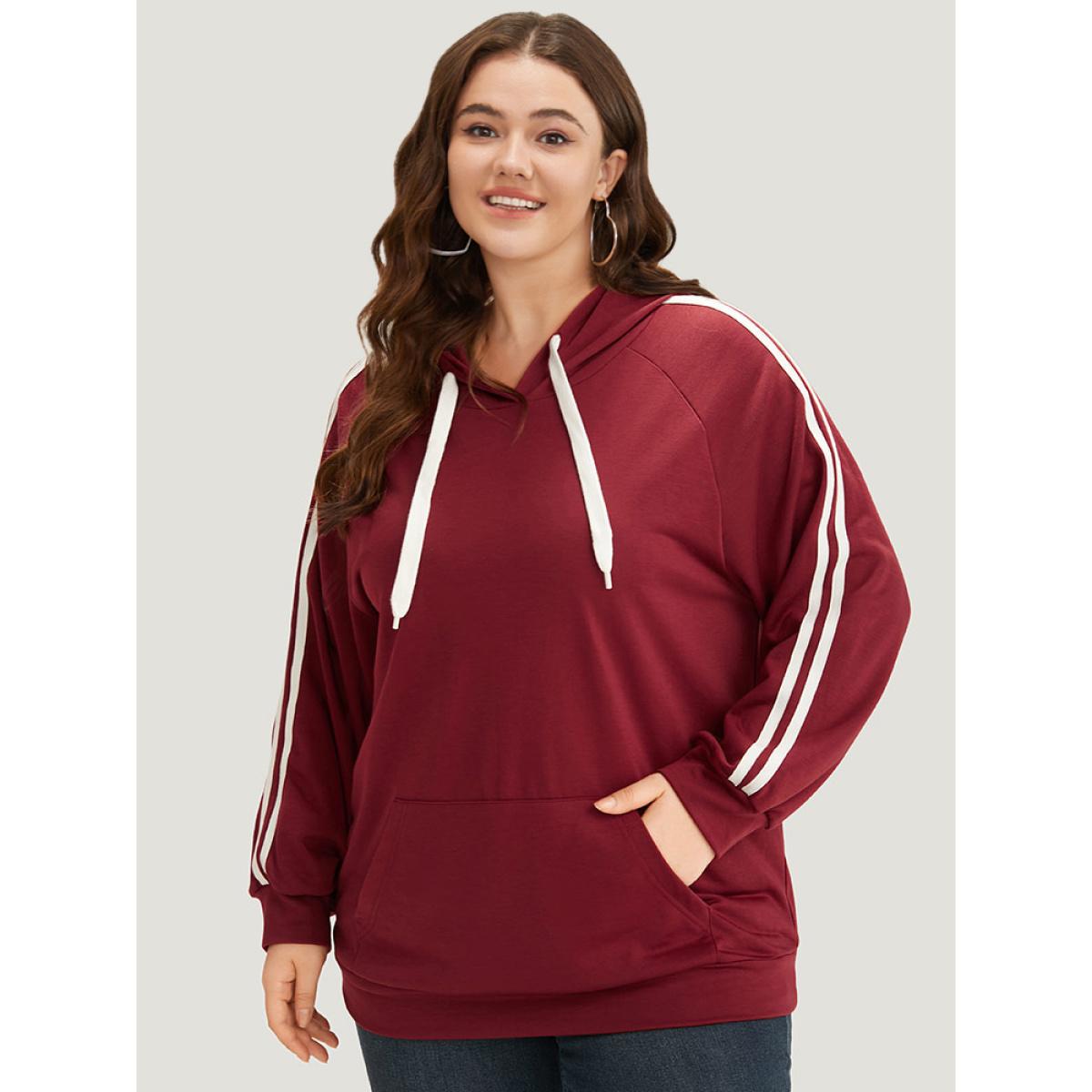Plus Size Contrast Seam Detail Drawstring Pocket Hooded Raglan Sleeve Sweatshirt Women Red Casual Elastic cuffs Hooded Dailywear Sweatshirts BloomChic 12/L Product Image