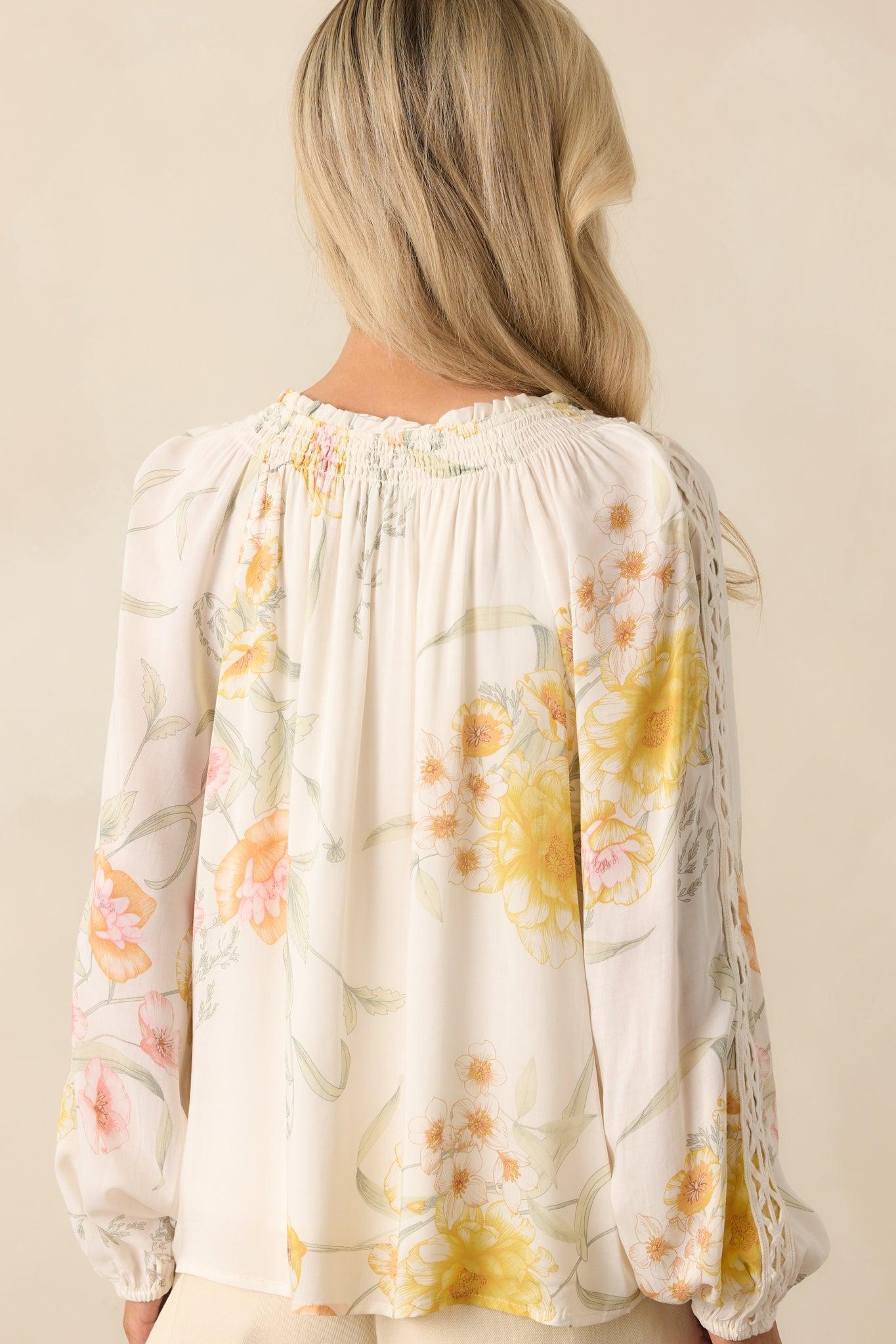 Just Winging It Ivory Multi Floral Print Rayon Long Sleeve Blouse Product Image