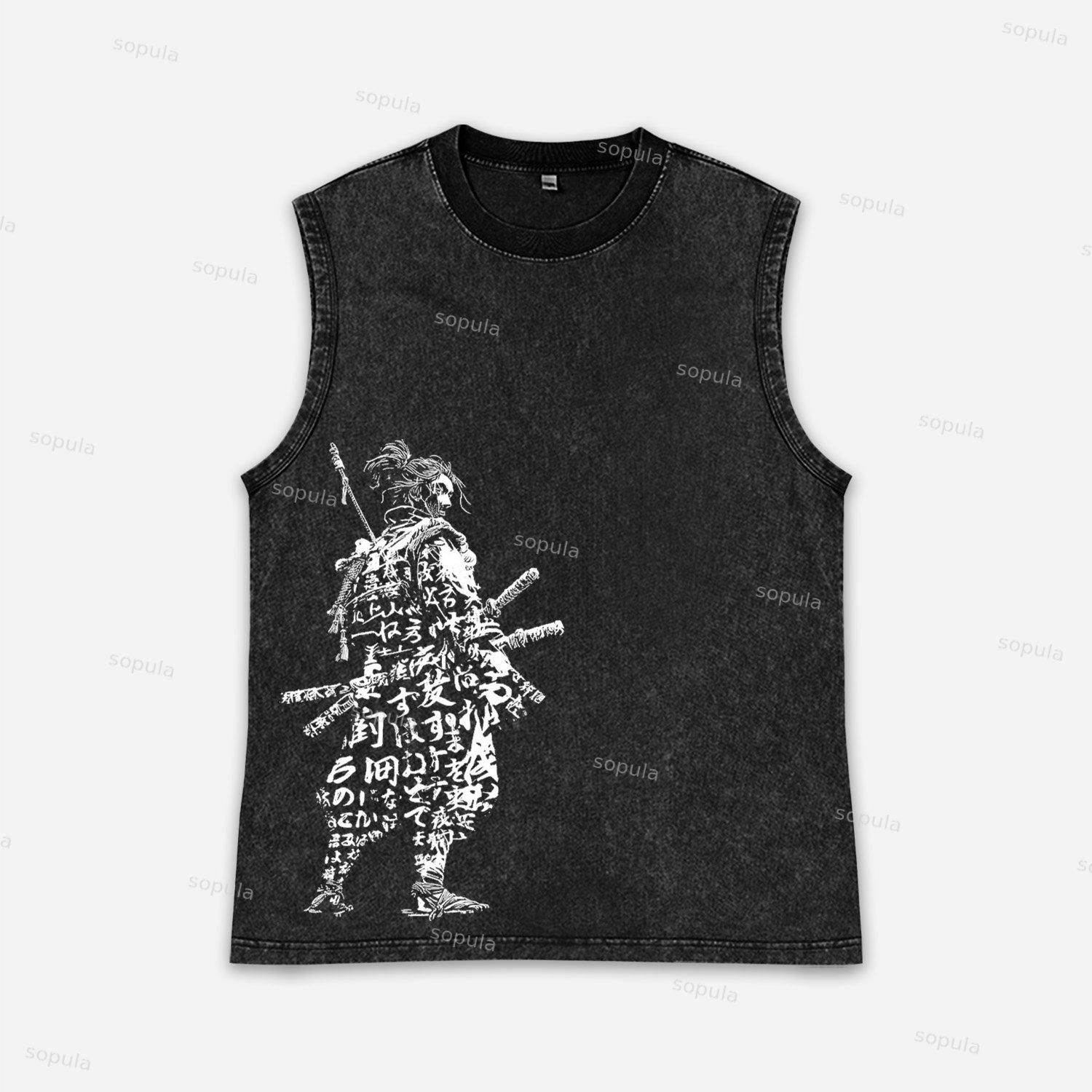 Vintage Japanese Bushido Samurai Art Graphic Acid Washed Tank Tops Product Image