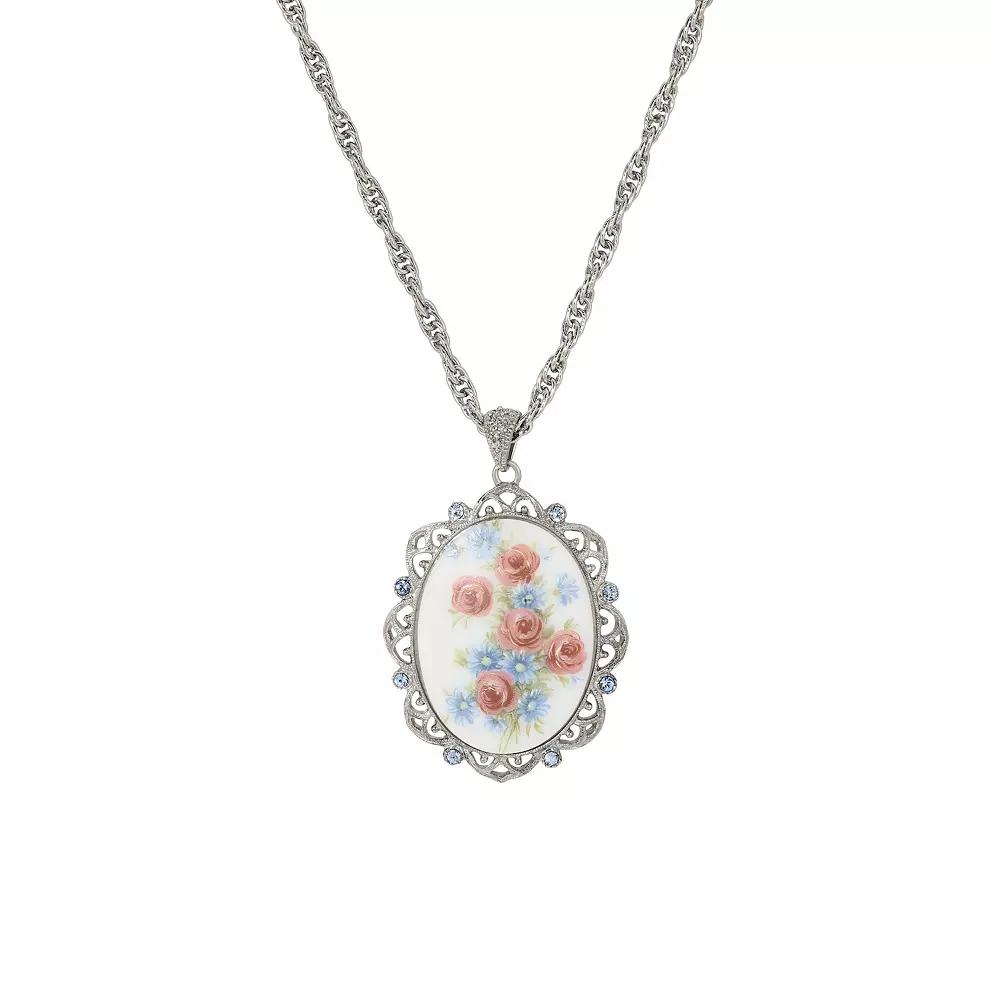 1928 Silver Tone Oval Floral Stone Blue Crystal Pendant Necklace, Women's, Pink Product Image