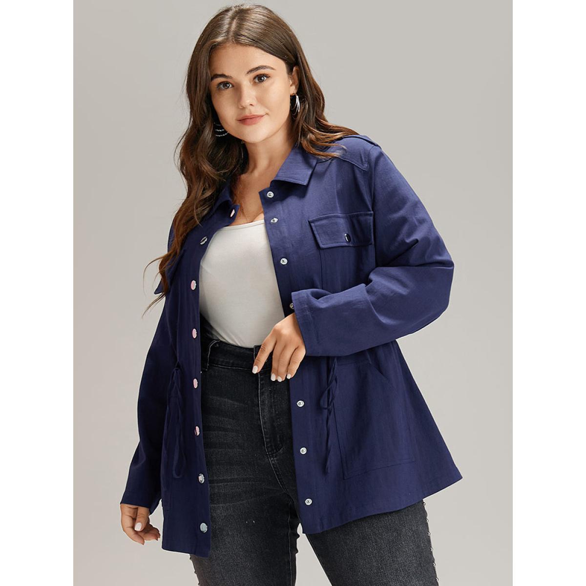 Plus Size Solid Metal Detail Pocket Drawstring Coat Women Indigo Casual Plain Ladies Dailywear Winter Coats BloomChic 18-20/2X Product Image