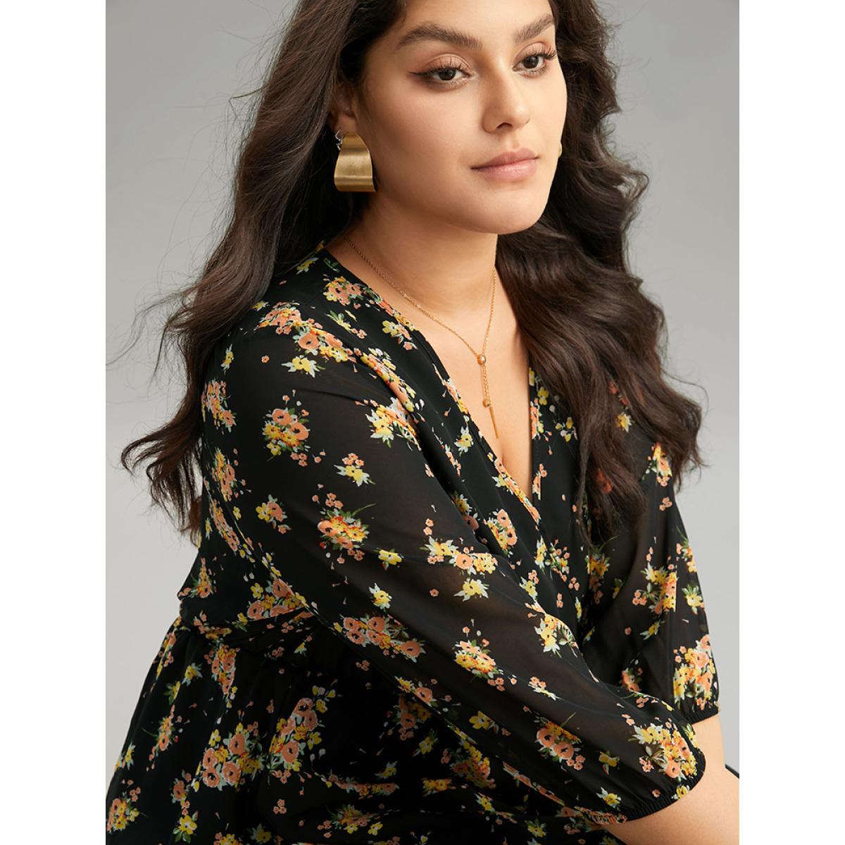 Plus Size Floral Overlap Collar Pocket Elastic Waist Dress Black Women Elegant Wrap Overlap Collar Half Sleeve Curvy Midi Dress BloomChic 26/4X Product Image