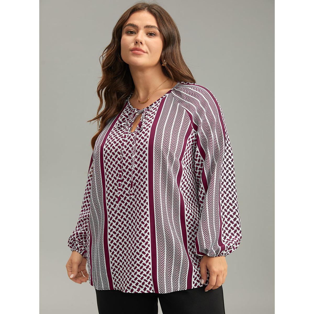 Plus Size RedViolet Geo Striped Tie Lantern Sleeve Blouse Women Resort Long Sleeve Tie Neck Vacation Blouses BloomChic 22-24/3X Product Image