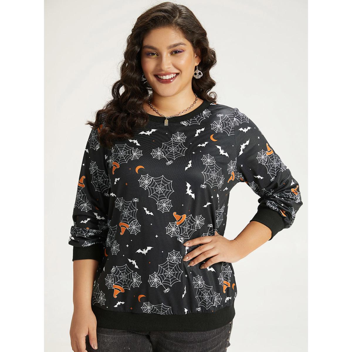 Plus Size Halloween Print Elastic Cuffs Round Neck Sweatshirt Women Purple Playful Elastic cuffs Round Neck Casual Sweatshirts BloomChic 12/L Product Image