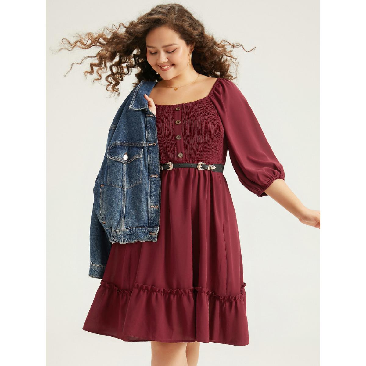 Plus Size Shirred Pocket Button Detail Frill Trim Dress Burgundy Women Casual Elastic cuffs Square Neck Elbow-length sleeve Curvy Knee Dress BloomChic 22-24/3X Product Image