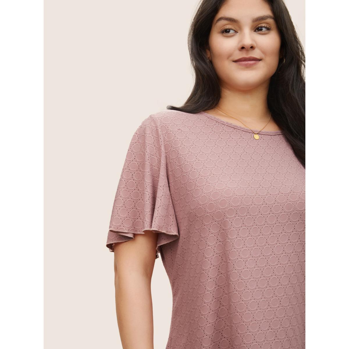 Plus Size Plain Textured Geometric Flutter Sleeve T-shirt Rouge Women Elegant Texture Plain Round Neck Everyday T-shirts BloomChic 18-20/2X Product Image