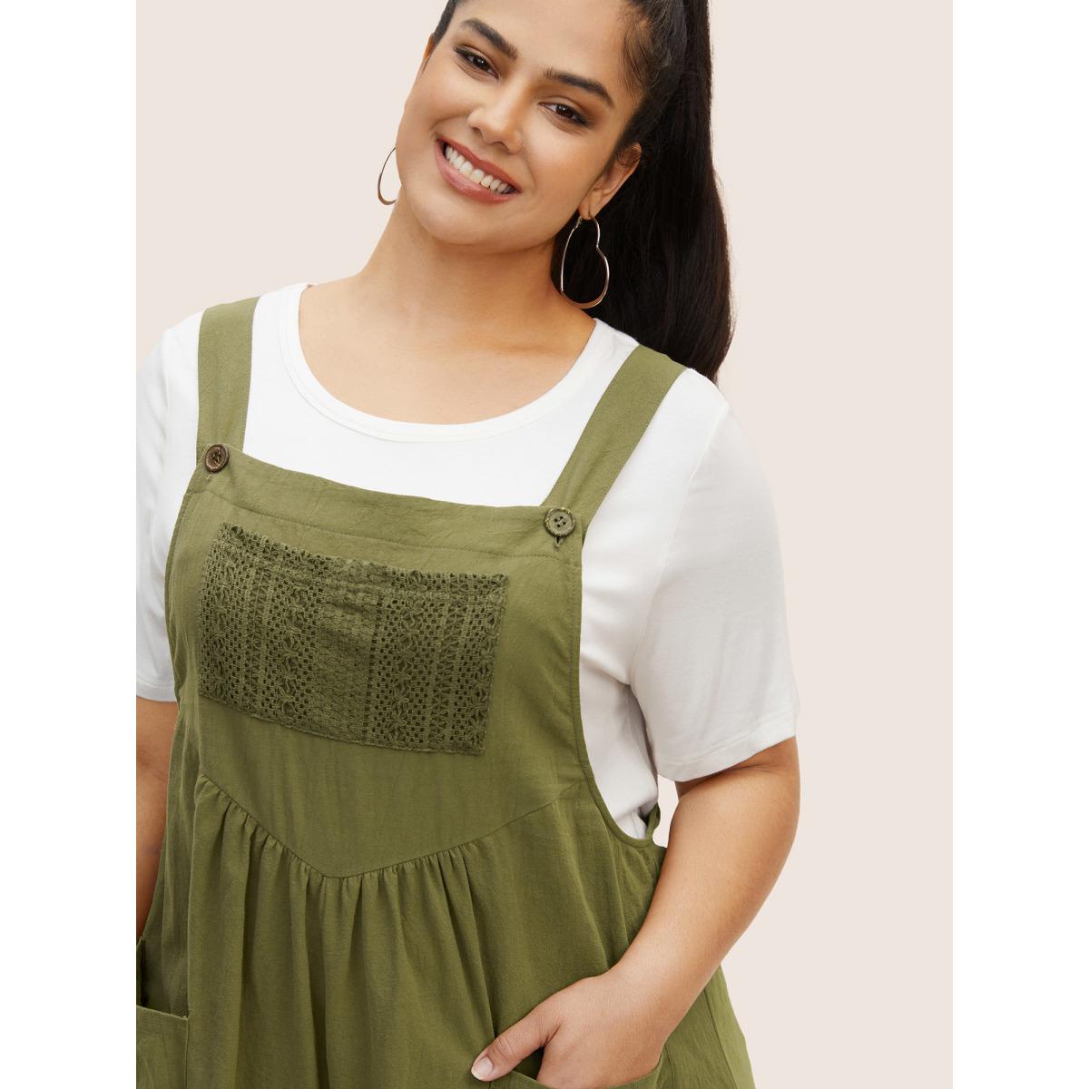 Plus Size ArmyGreen Cotton Plain Textured Patch Pocket Jumpsuit Women Casual Sleeveless Square Neck Everyday Loose Jumpsuits BloomChic 12/L Product Image