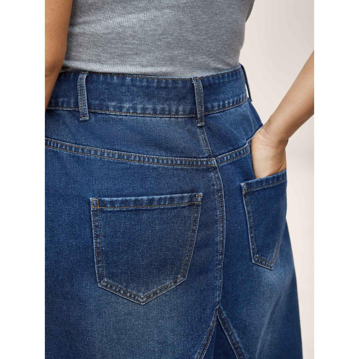 Plus Size A-Line Crisscross Lines Denim Skirt Women Midblue Everyday-Casual No stretch Medium Wash 16/1X Slanted pocket Basics Denim Skirts BloomChic Product Image