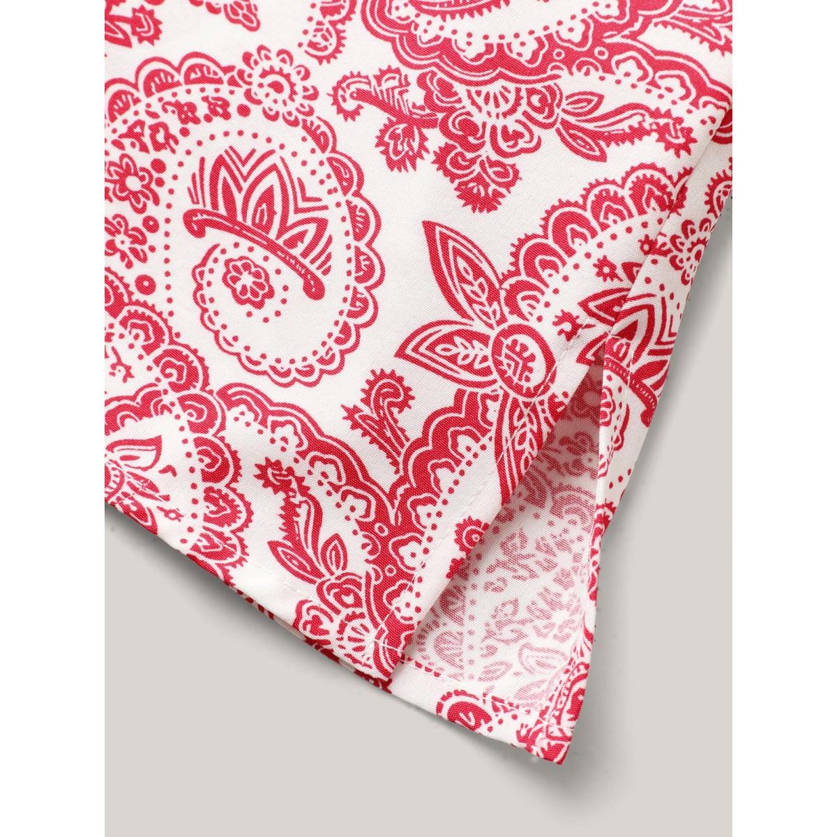 Plus Size Raspberry Paisley Print Notched Collar Blouse Women Cap Sleeve Flat collar with V-notch Vacation Blouses BloomChic 14-16/1X Product Image