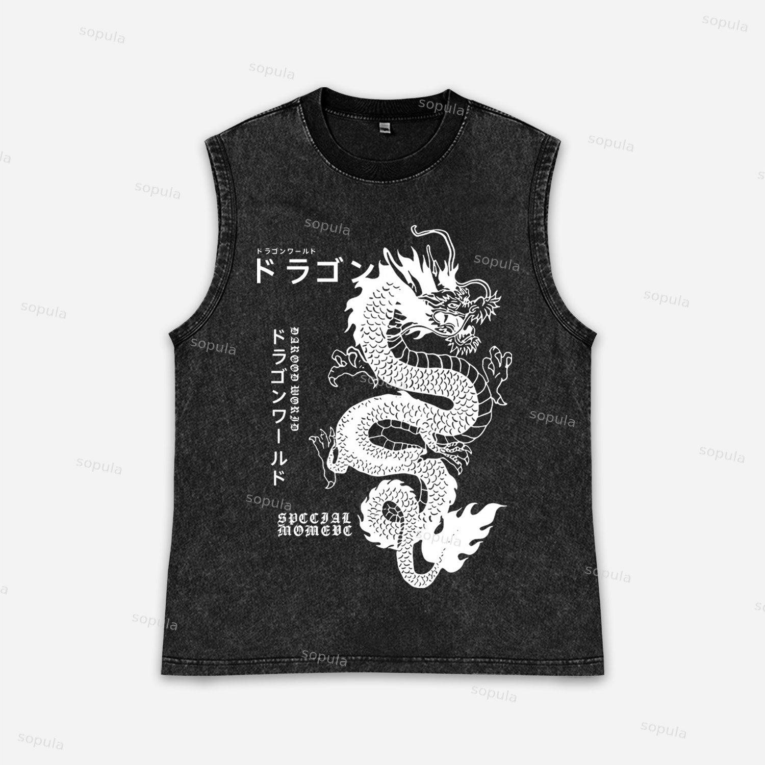 Vintage Japanese Dragon Graphic Acid Washed Tank Tops Product Image