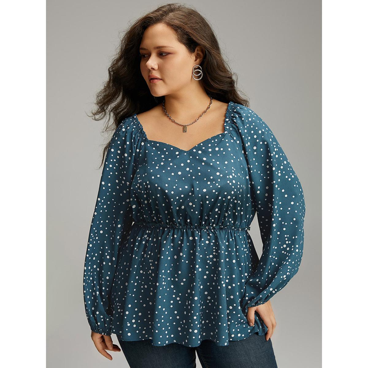 Plus Size Aegean Polka Dot Square Neck Gathered Blouse Women Elegant Long Sleeve Square Neck Everyday Blouses BloomChic 30/6X Product Image