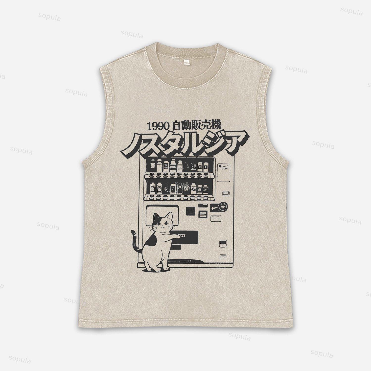 Vintage Vending Machine Cat Graphics Acid Washed Tank Product Image