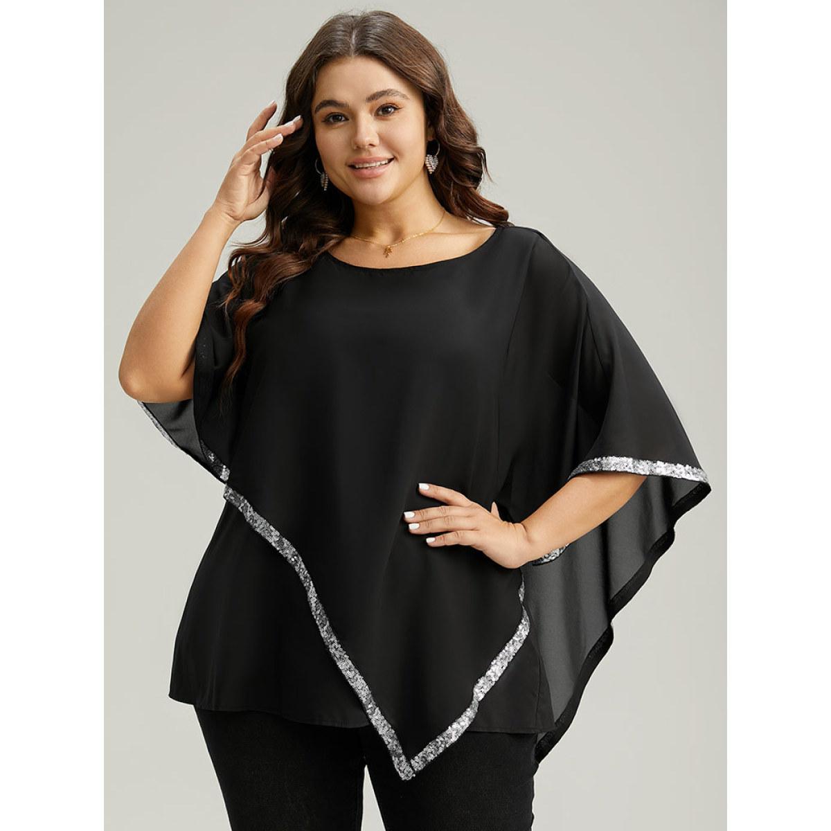 Plus Size Black Sequin Patchwork Asymmetrical Dolman Sleeve Blouse Women Glamour Half Sleeve Round Neck Festival-Christmas Blouses BloomChic 26/4X Product Image