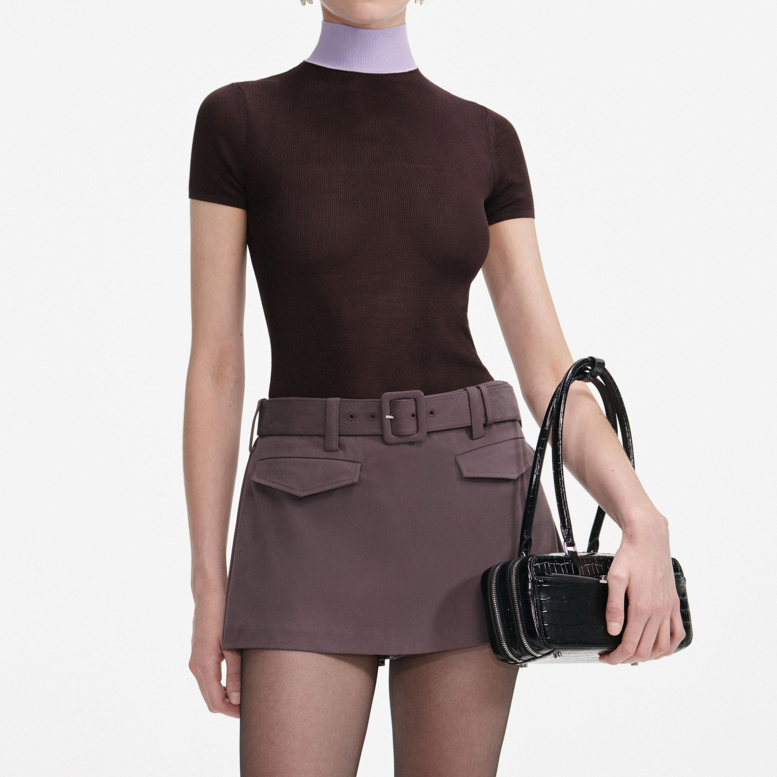 Brown Viscose Knit Short Sleeve Top Product Image