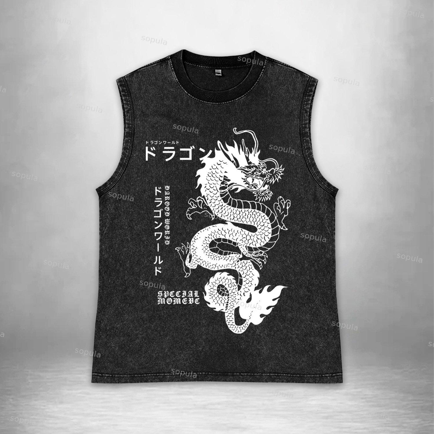 Vintage Japanese Dragon Graphic Acid Washed Tank Tops Product Image