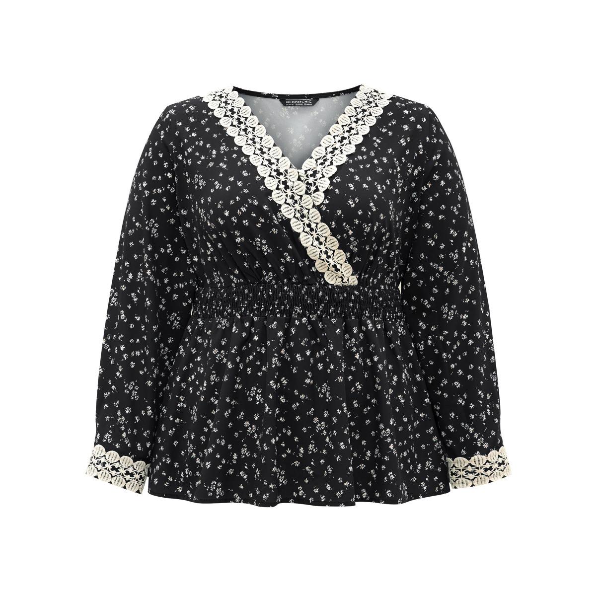 Plus Size Black Ditsy Floral Wrap Shirred Lace Patchwork Blouse Women Elegant Long Sleeve Overlap Collar Vacation Blouses BloomChic 14-16/1X Product Image