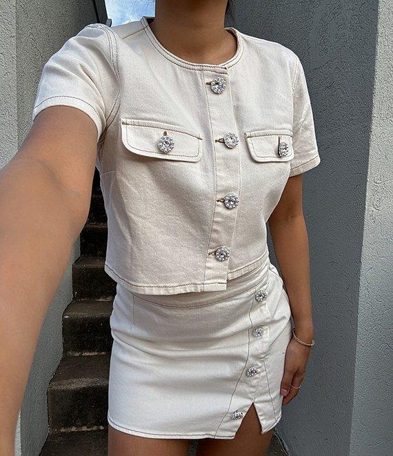 GB Woven Denim Coordinating Pearl Button Top Product Image