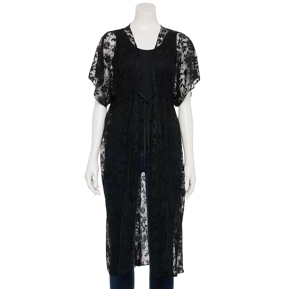 Women's Couture Gems Sheer Floral Lace Kimono, Black Product Image