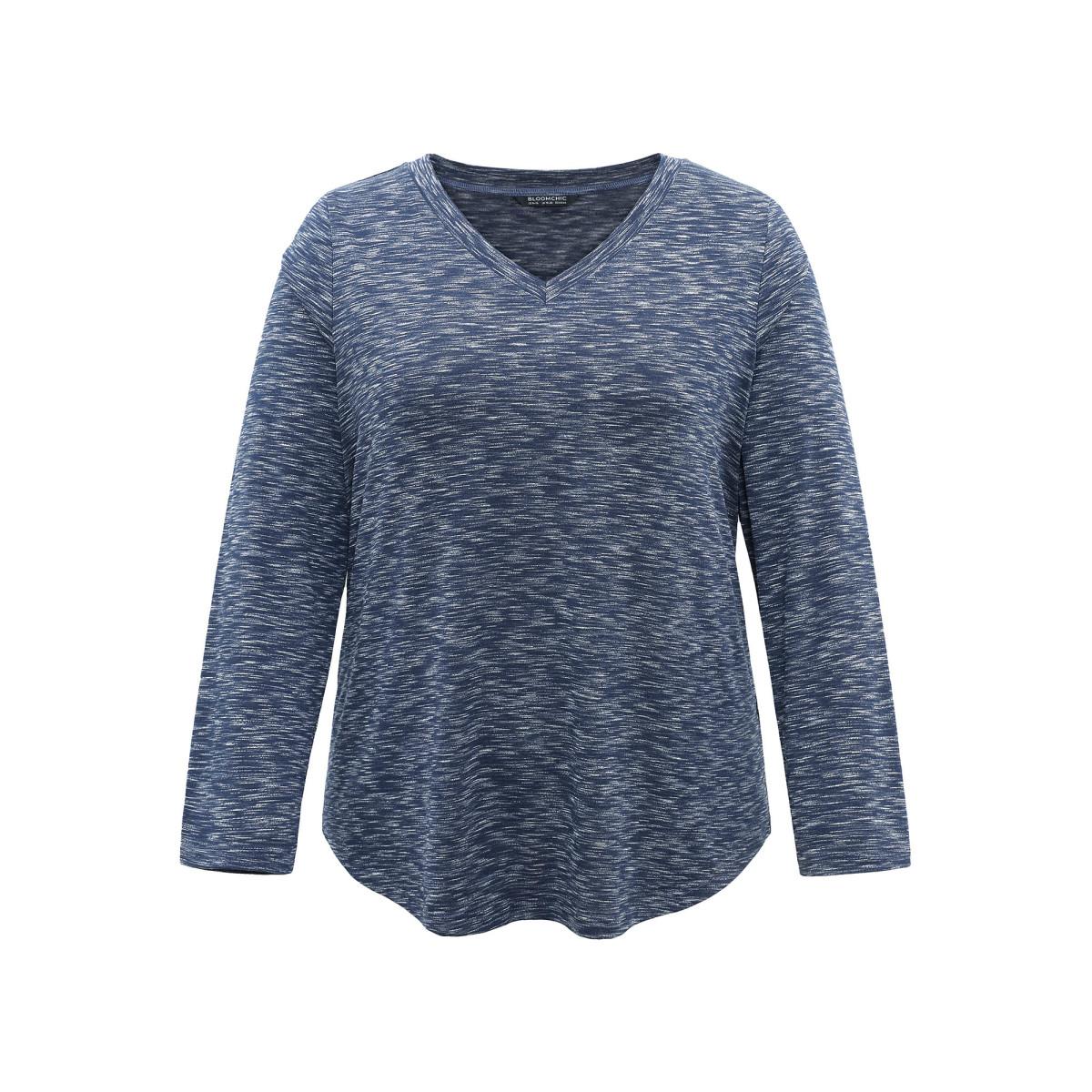 Plus Size Solid Heather V Neck Arc Hem T-shirt Midnight Women Casual Heather Plain V-neck Dailywear T-shirts BloomChic 18-20/2X Product Image