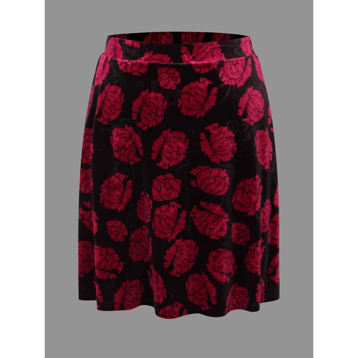 Plus Size Velvet Floral Elastic Waist Skirt Women BlackFlower Elegant Loose Low stretch Side seam pocket Everyday Skirts BloomChic 18-20/2X Product Image