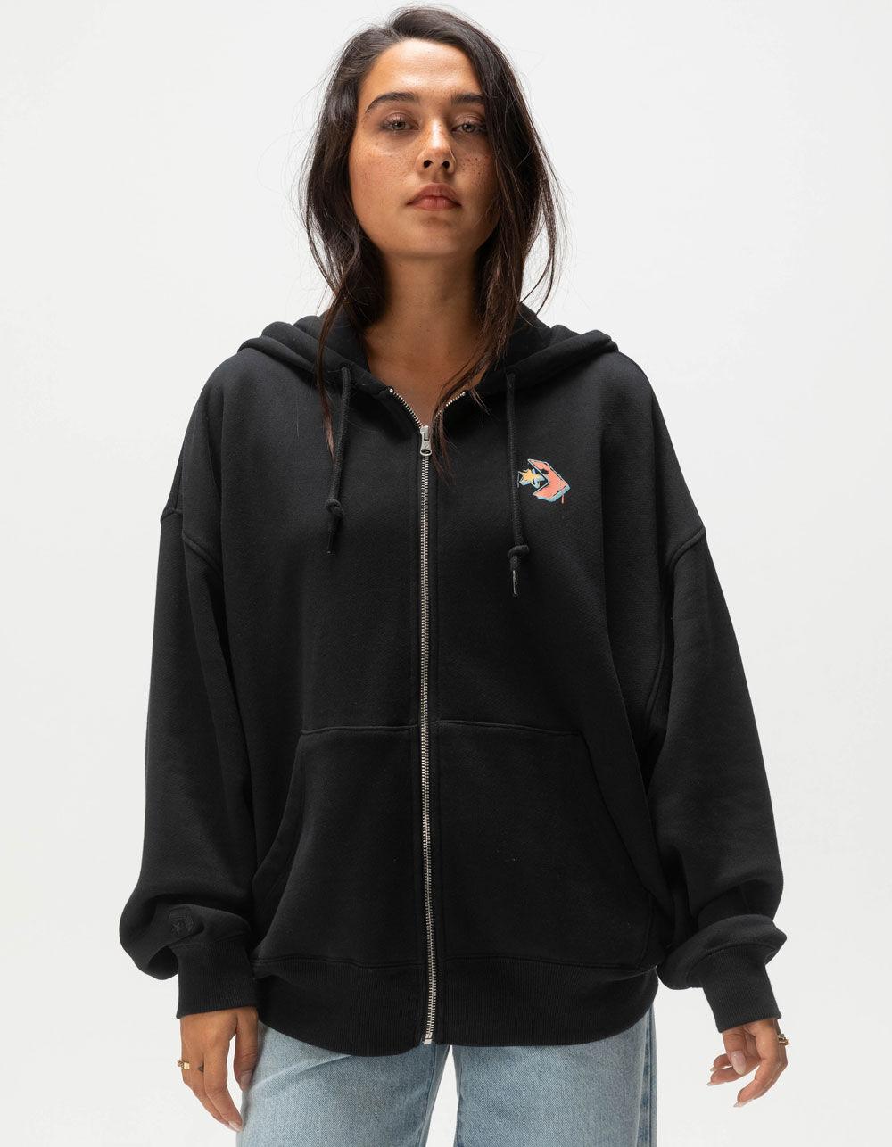 CONVERSE Graphic Womens Oversized Zip-Up Hoodie - BLACK Product Image