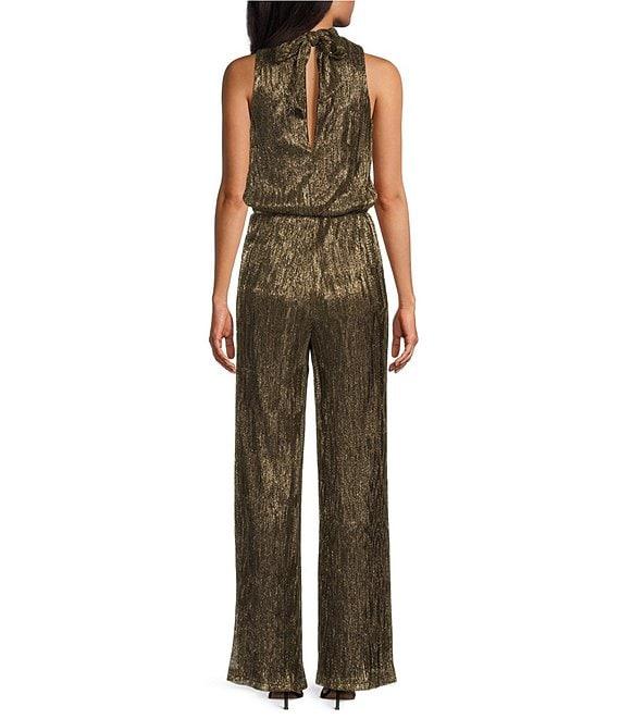 Marina Halter Neck Sleeveless Tie Back Metallic Wide Leg Jumpsuit Product Image