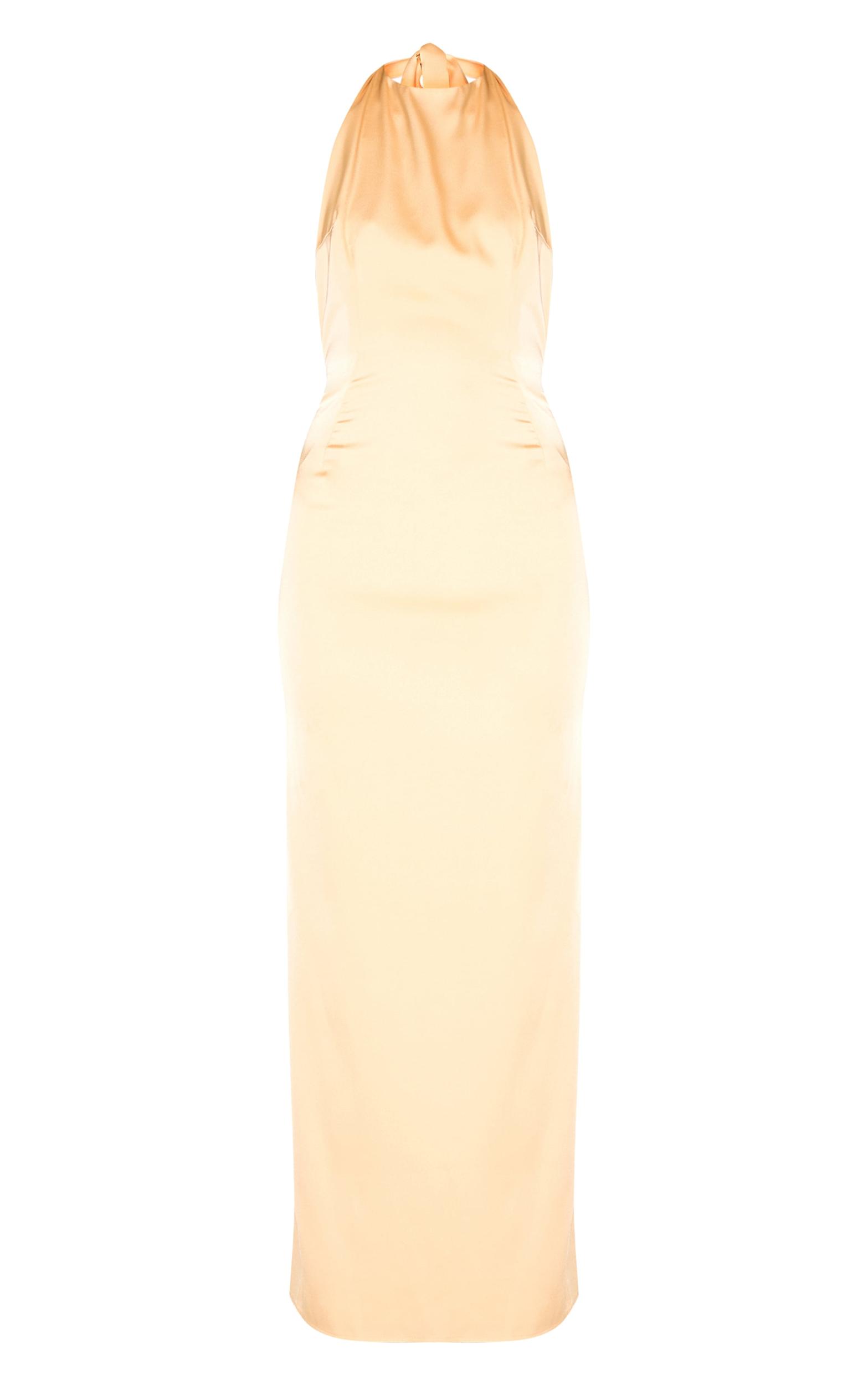 Butter Yellow Satin Halter Flared Maxi Dress Product Image