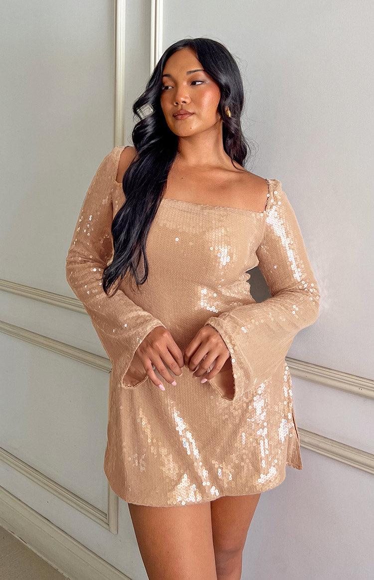 Marienne Champagne Sequin Long Sleeve Mini Dress Product Image