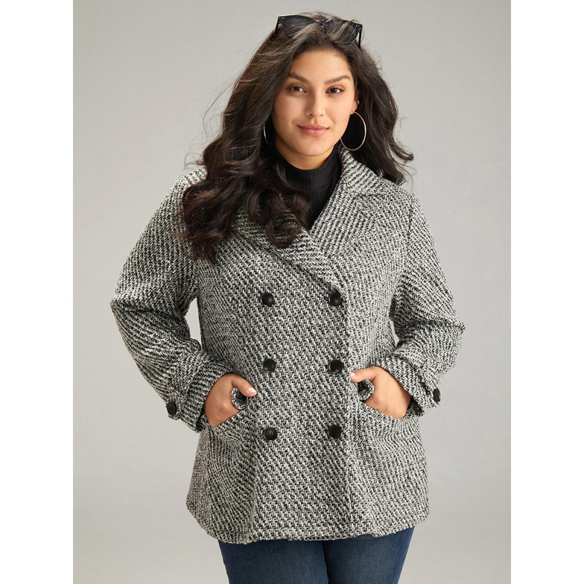 Plus Size Tweed Lapel Collar Button Up Pocket Coat Women Black Elegant Texture Ladies Everyday Winter Coats BloomChic 28/5X Product Image