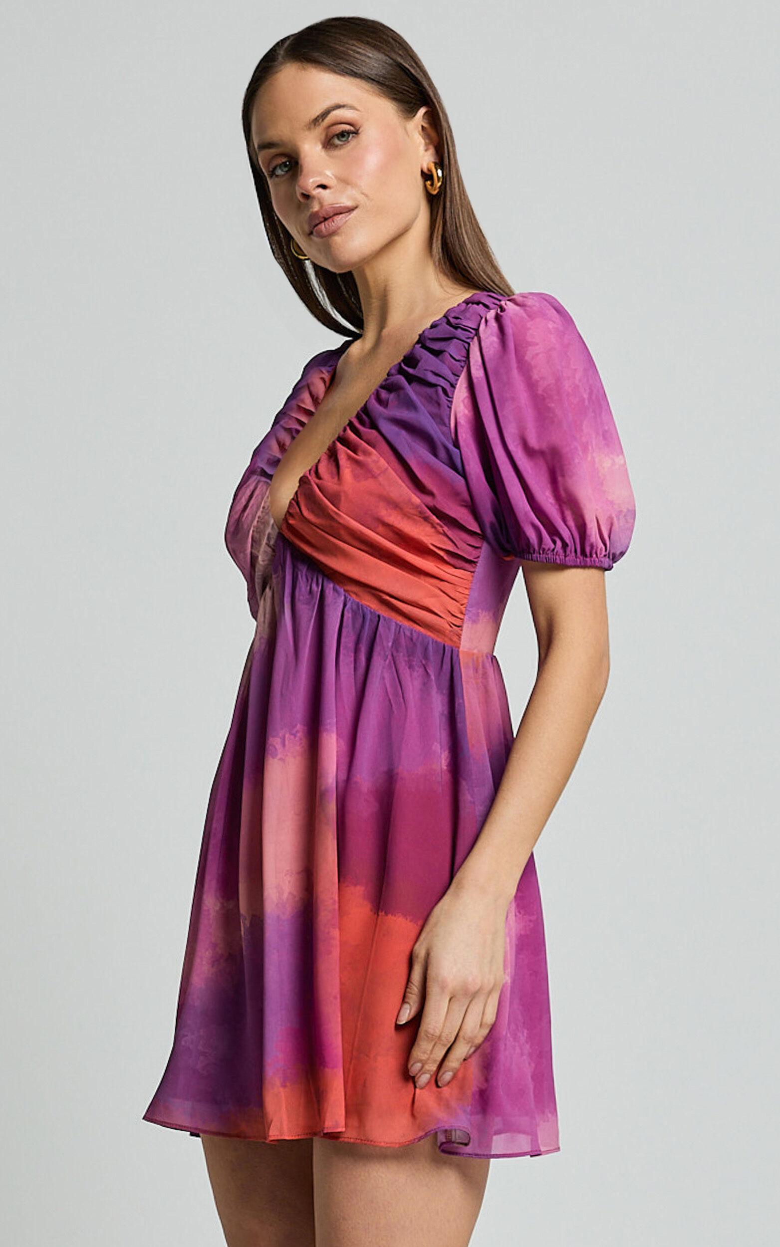 Kennedy Mini Dress - Recycled Polyester V Neck Puff Sleeve Dress in Coral Mirage Print Product Image