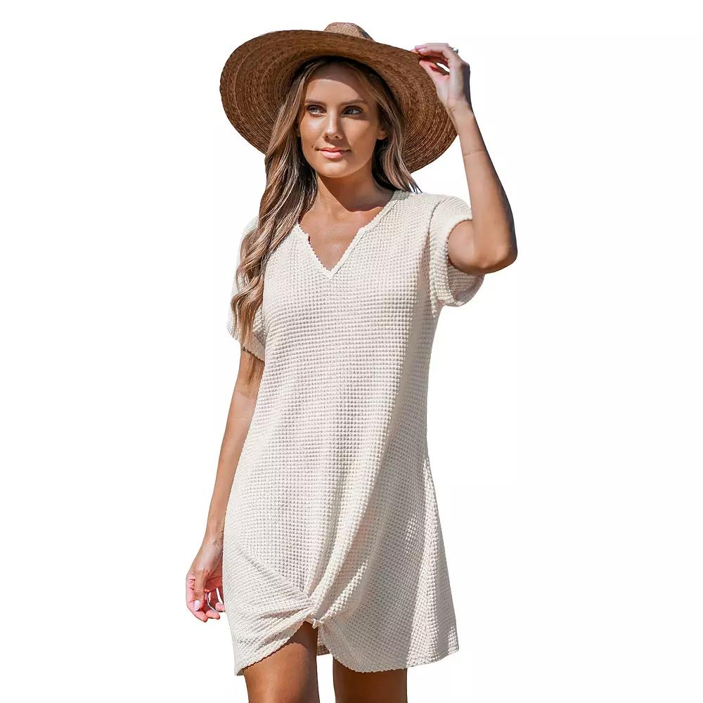 Women's Cupshe Waffle Knit Short Sleeve Twist Hem Swim Cover-Up, Size: Large, Beige Khaki Product Image