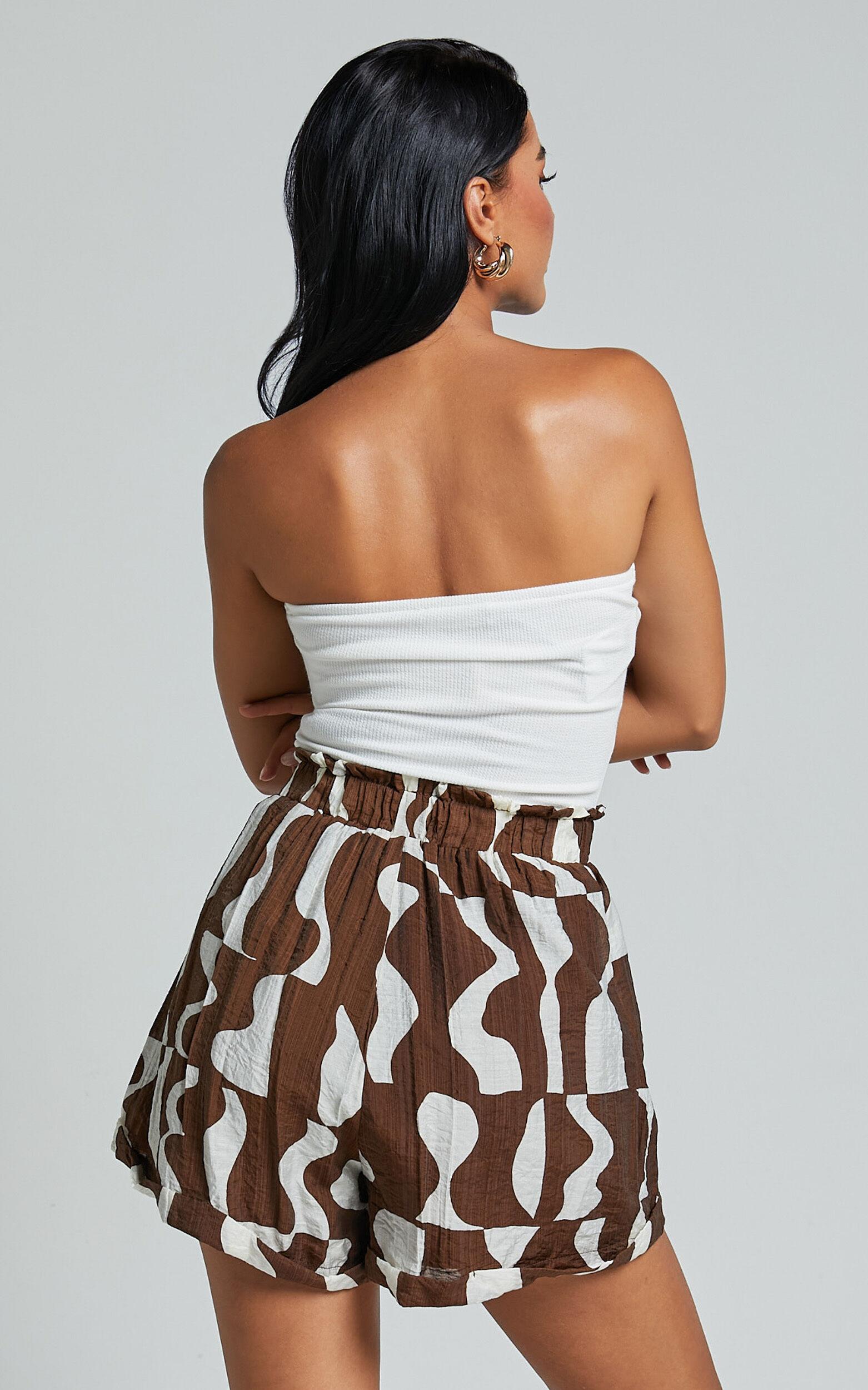 Nadiane Shorts - Shirred High Waisted Shorts in Chocolate Mono Wave Product Image