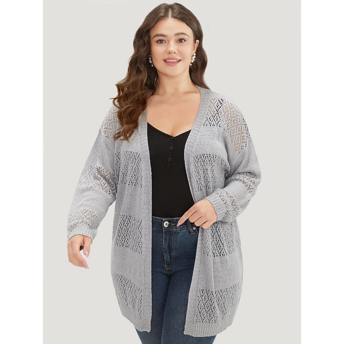 Plus Size Plain Geometric Eyelet Open Front Cardigan DarkGray Women Basics Loose Long Sleeve Everyday Cardigans BloomChic 18-20/2X Product Image