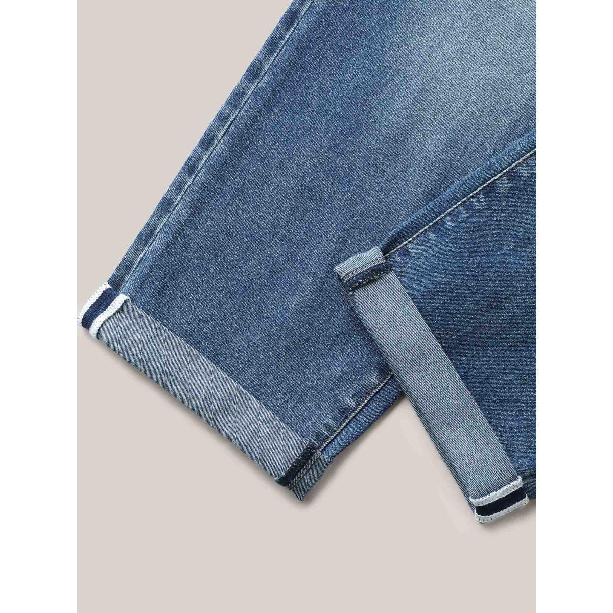 Plus Size Classic Pockets Boyfriend Jeans Women Midblue Leisure High stretch Slanted pocket Jeans BloomChic 28/5X Product Image