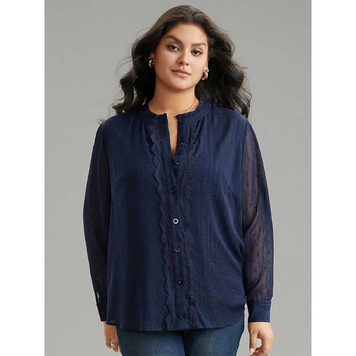 Plus Size Indigo Guipure Lace Mesh Button Through Blouse Women Elegant Long Sleeve Stand-up collar Dailywear Blouses BloomChic 14-16/1X Product Image