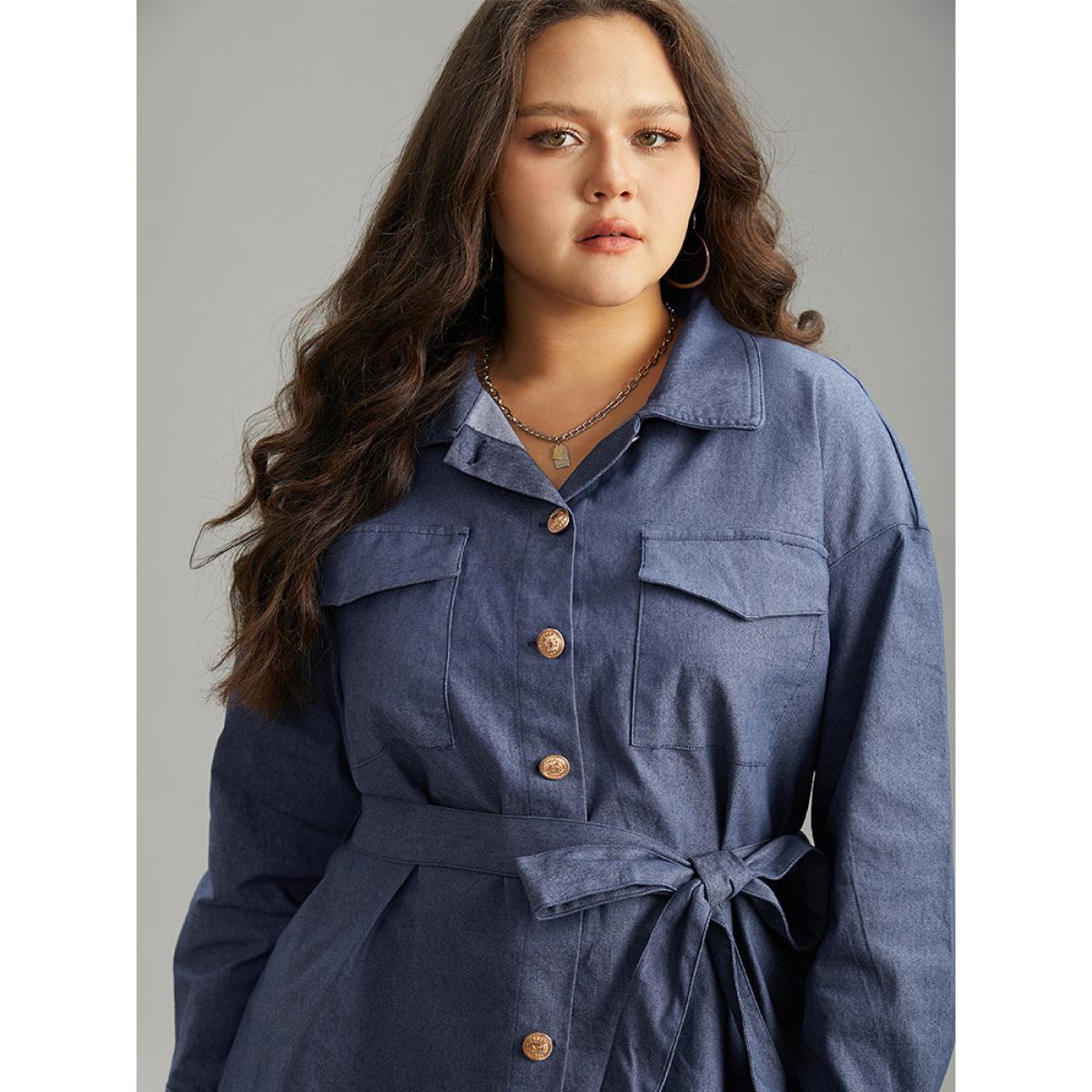 Plus Size Plain Ties Pocket Button Through Shacket Women Indigo Casual Plain Ladies Dailywear Winter Coats BloomChic 28/5X Product Image