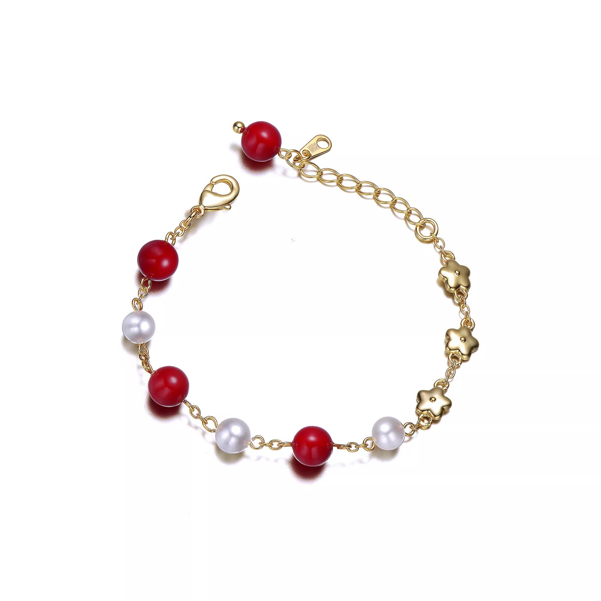 Kids 14k Yellow Gold Plated Star Red Beaded and Simulated Pearl Adjustable Charm Bracelet, Womens Gold Tone Product Image