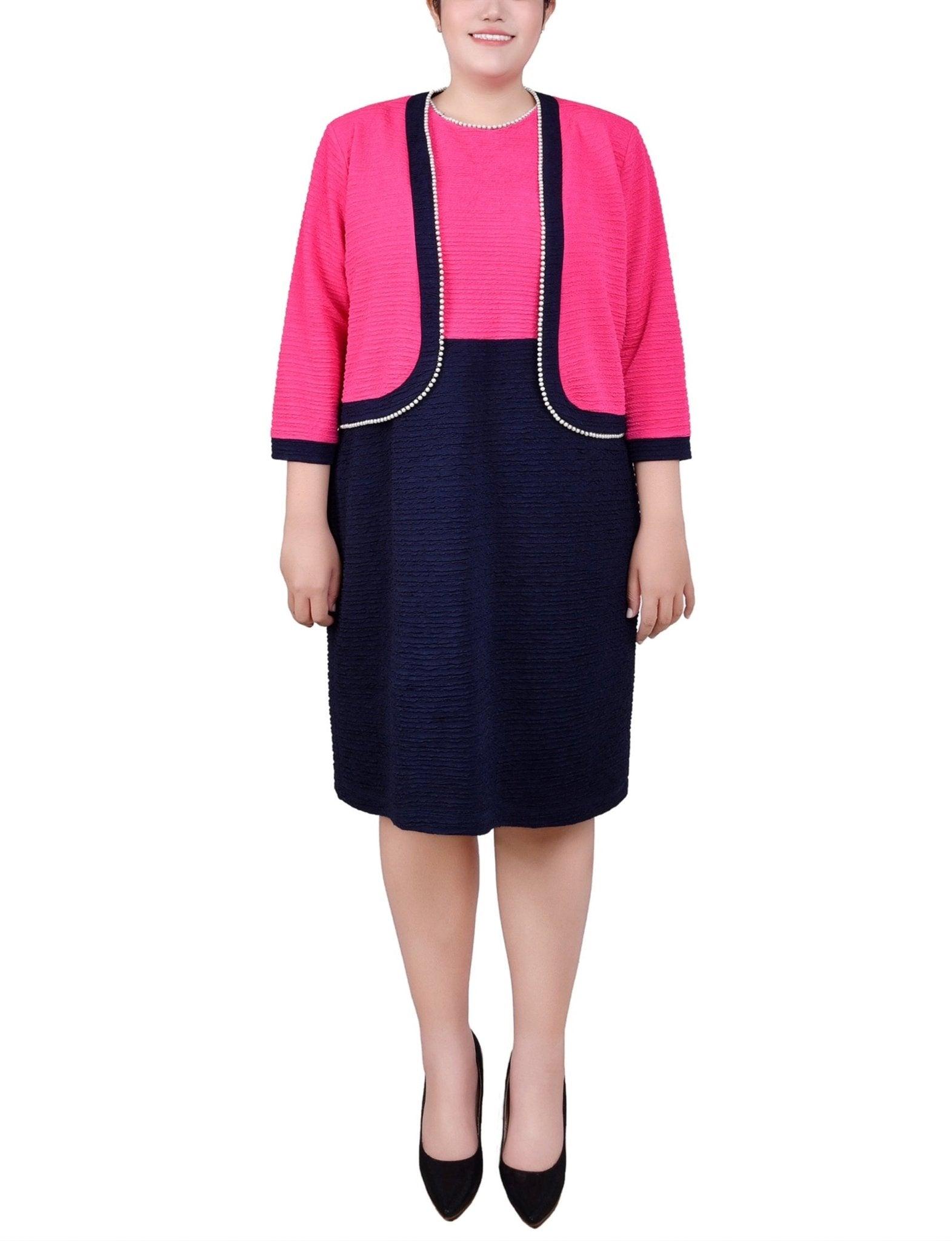 Navy Havana Pink 3/4 Sleeve Textured Knit 2 Piece Dress Set - Plus Product Image