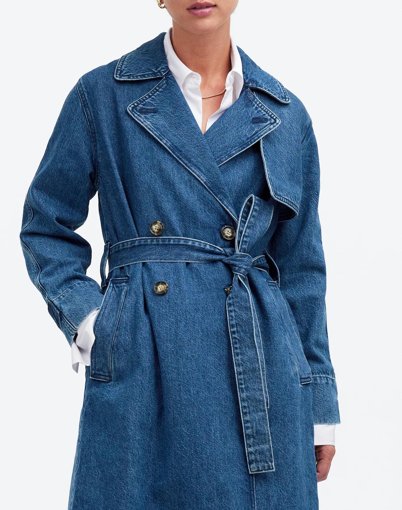 Denim Double-Breasted Crop Trench Coat in Ravenwood Wash Product Image
