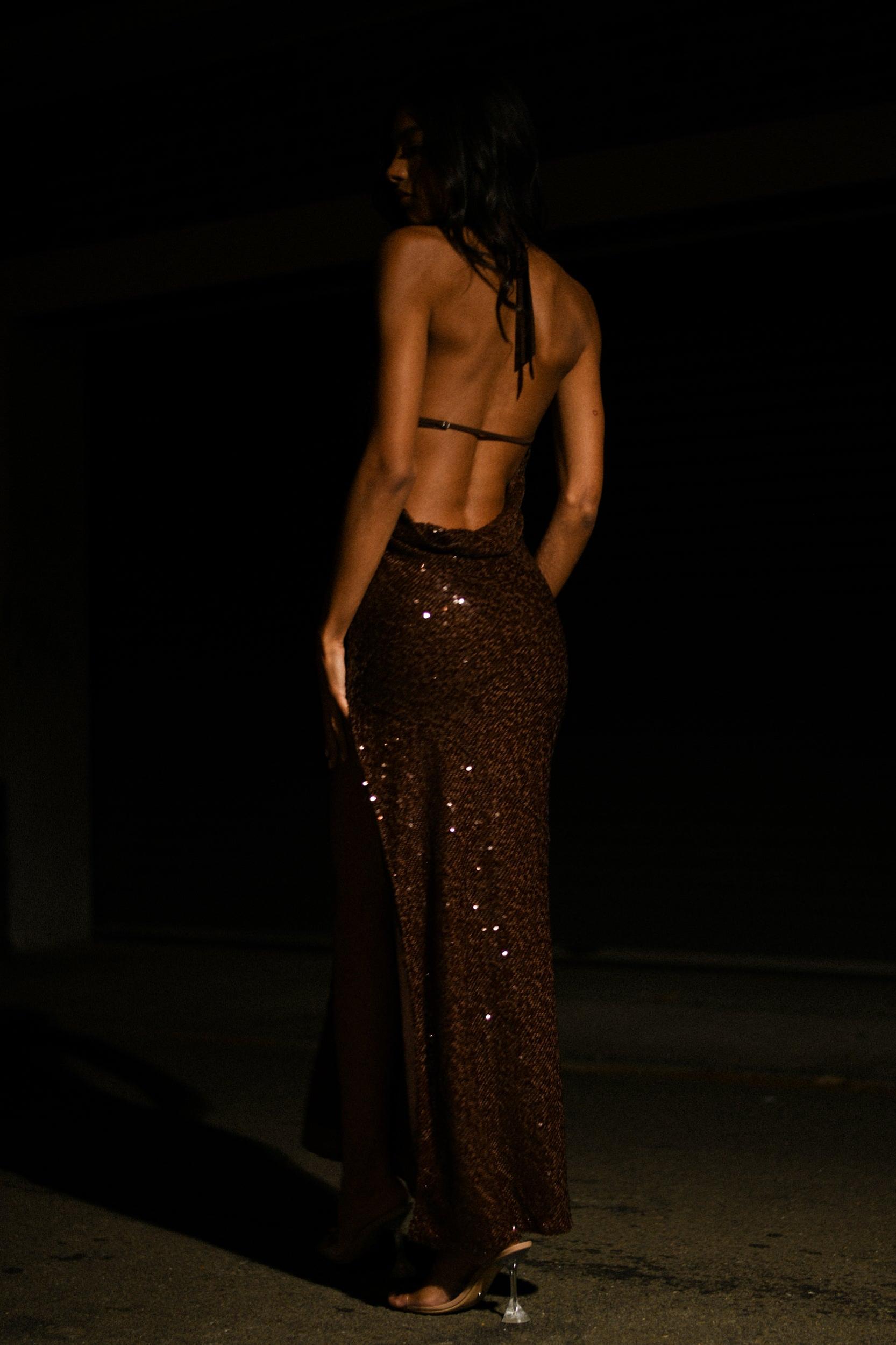 Blakely Halter Sequin Maxi Dress - Dark Chocolate Product Image