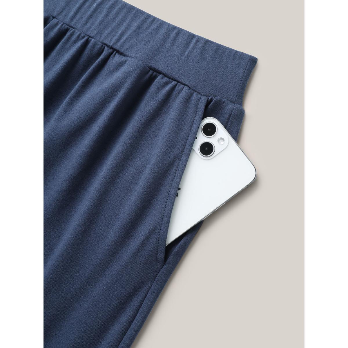 Plus Size Button Front Pleated Comfy Fit Pants Women Indigo Casual Wide Leg Mid Rise Everyday Pants BloomChic 28/5X Product Image