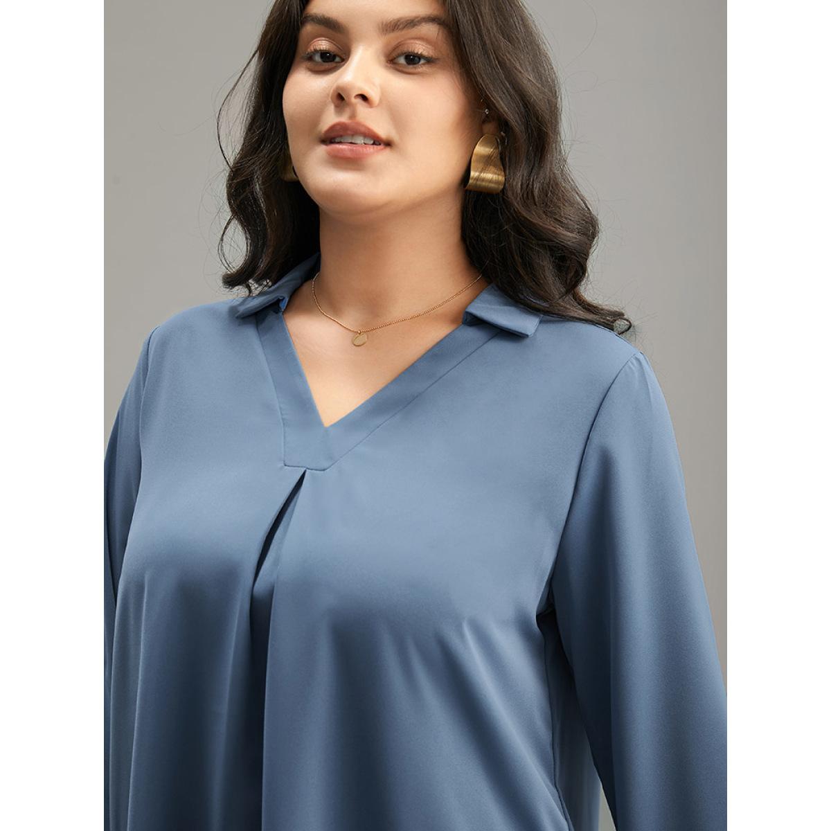 Plus Size Stone Anti-Wrinkle Plain V Neck Plicated Detail Blouse Women Office Long Sleeve V-neck Work Blouses BloomChic 26/4X Product Image