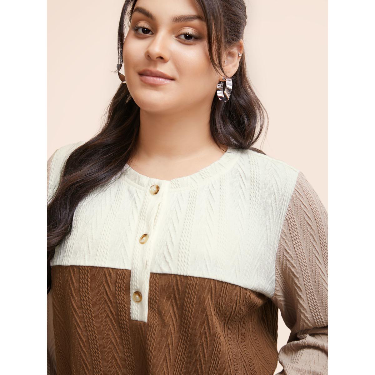 Plus Size Colorblock Contrast Textured Button Up T-shirt Multicolor Women Casual Texture Round Neck Everyday T-shirts BloomChic 10/M Product Image