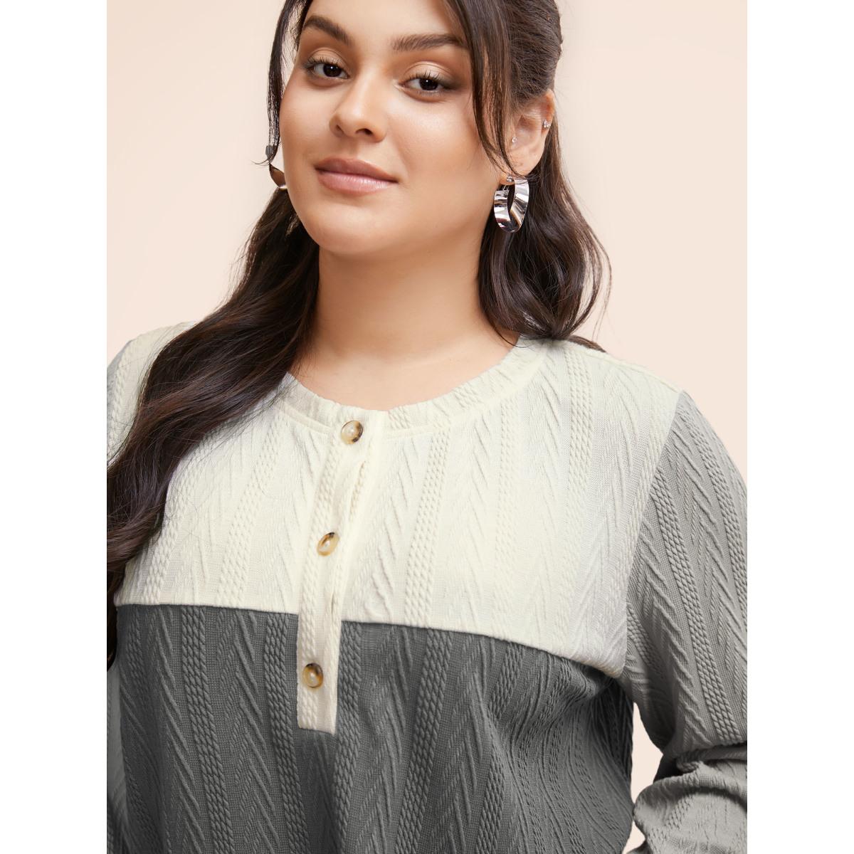 Plus Size Colorblock Contrast Textured Button Up T-shirt Mediumgray Women Casual Texture Round Neck Everyday T-shirts BloomChic 12/L Product Image