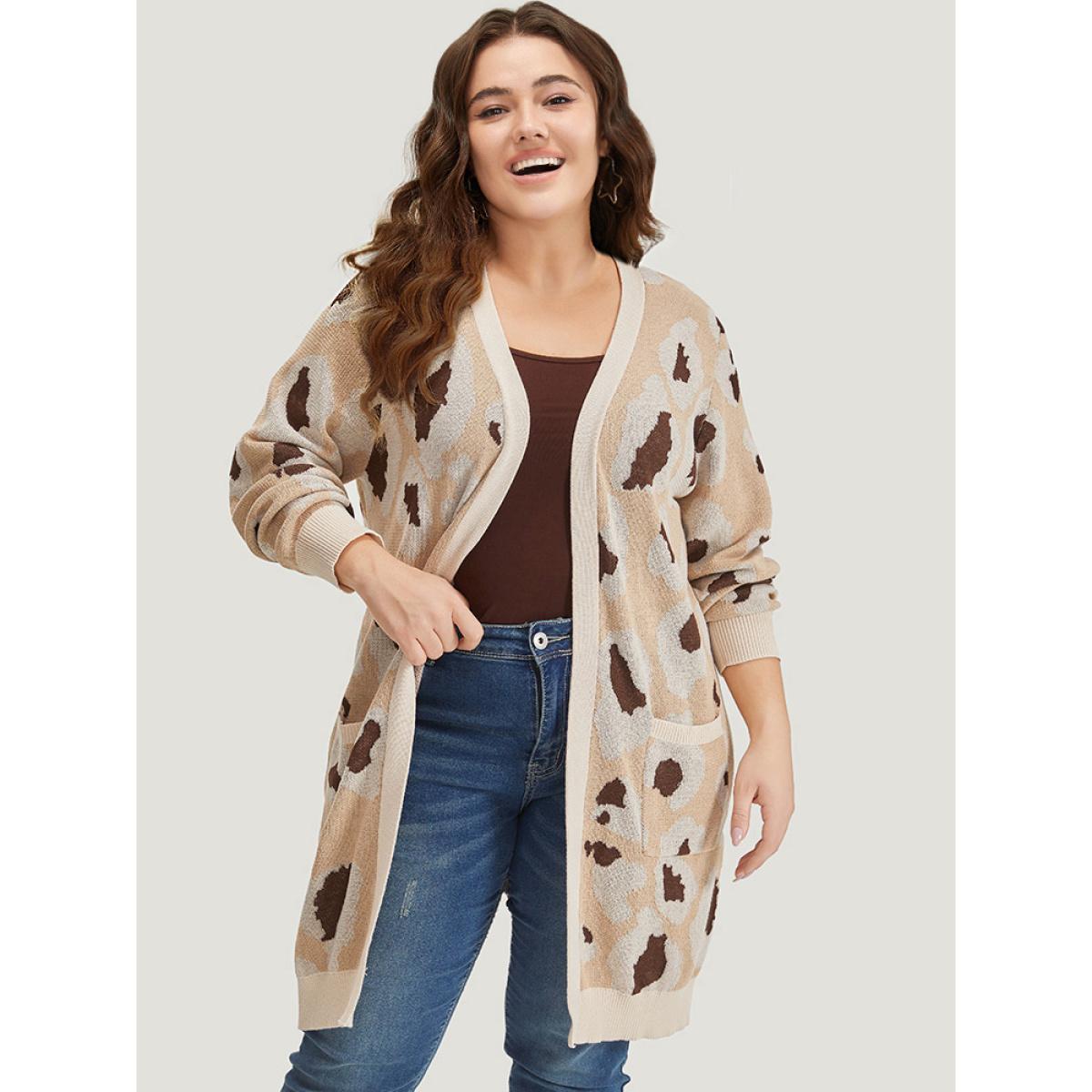 Plus Size Leopard Print Open Front Patched Pocket Cardigan Leopard Women Casual Loose Long Sleeve Dailywear Cardigans BloomChic 12/L Product Image