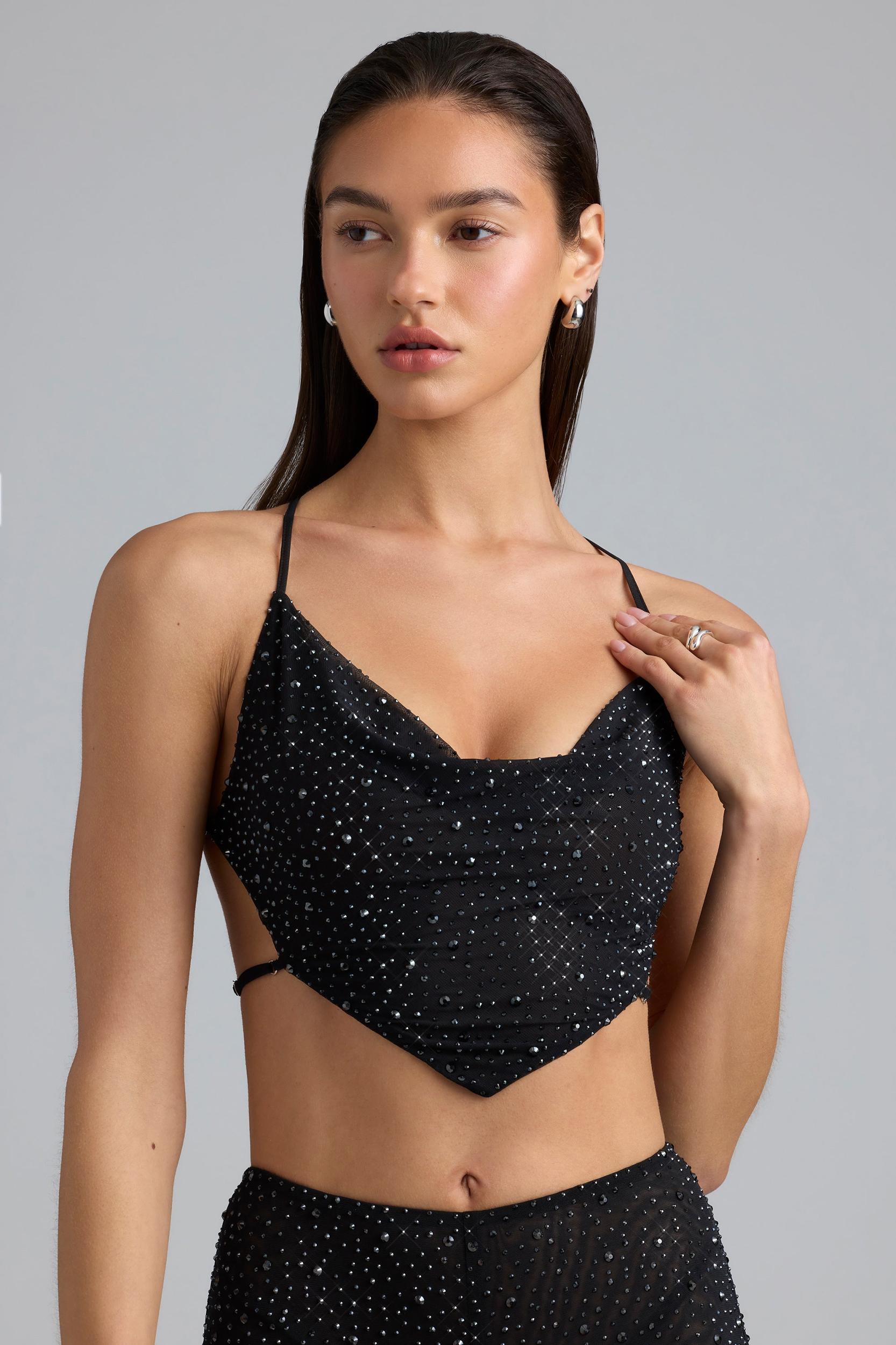 Embellished Cowl-Neck Crop Top in Black Product Image