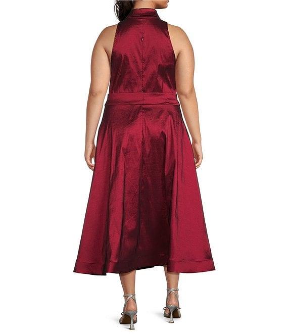 Marina Plus Size Stretch Taffeta Point Collar Sleeveless Button Front A-Line Midi Dress Product Image